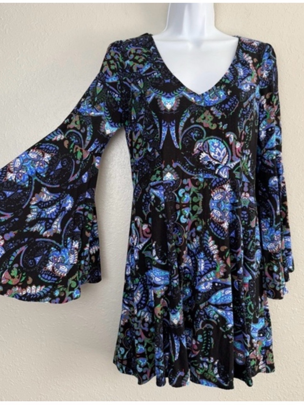 Express bell flare sleeve blue floral paisley mini dress‎ retro 8